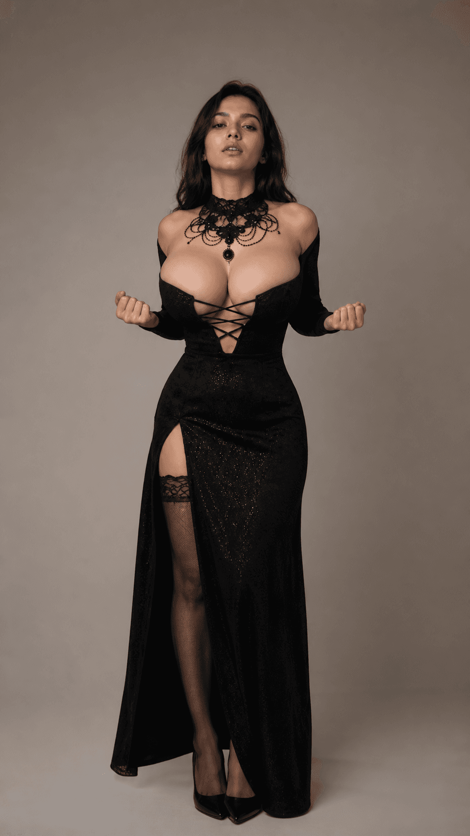 Generated output of the female fashion model in a black evening dress against a soft neutral backdrop.